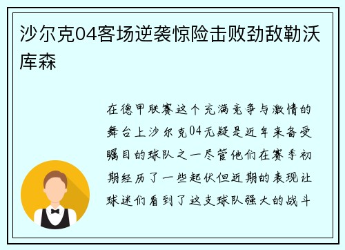 沙尔克04客场逆袭惊险击败劲敌勒沃库森