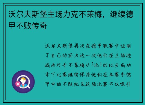 沃尔夫斯堡主场力克不莱梅，继续德甲不败传奇