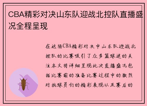 CBA精彩对决山东队迎战北控队直播盛况全程呈现