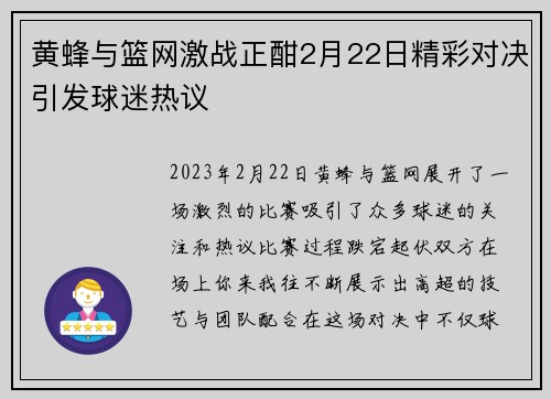 黄蜂与篮网激战正酣2月22日精彩对决引发球迷热议