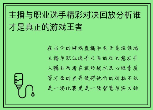 主播与职业选手精彩对决回放分析谁才是真正的游戏王者