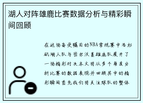 湖人对阵雄鹿比赛数据分析与精彩瞬间回顾