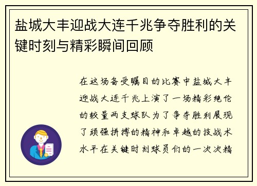 盐城大丰迎战大连千兆争夺胜利的关键时刻与精彩瞬间回顾