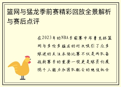 篮网与猛龙季前赛精彩回放全景解析与赛后点评