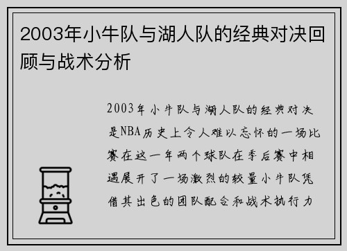 2003年小牛队与湖人队的经典对决回顾与战术分析