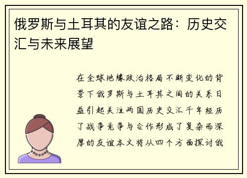 俄罗斯与土耳其的友谊之路：历史交汇与未来展望