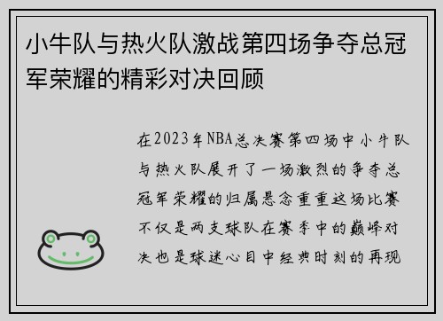 小牛队与热火队激战第四场争夺总冠军荣耀的精彩对决回顾