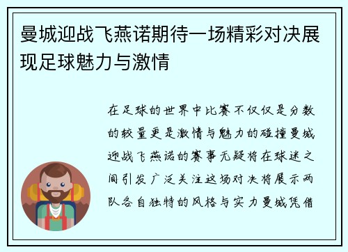 曼城迎战飞燕诺期待一场精彩对决展现足球魅力与激情
