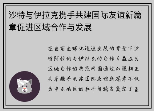 沙特与伊拉克携手共建国际友谊新篇章促进区域合作与发展