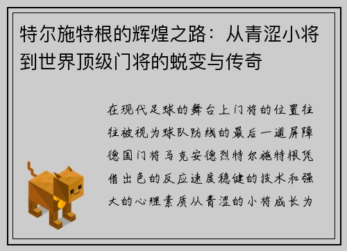 特尔施特根的辉煌之路：从青涩小将到世界顶级门将的蜕变与传奇