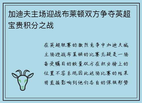 加迪夫主场迎战布莱顿双方争夺英超宝贵积分之战