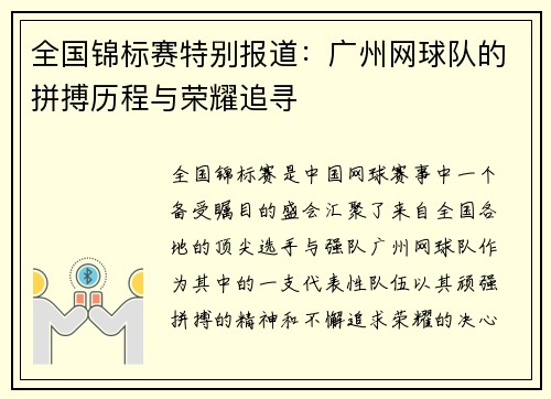 全国锦标赛特别报道：广州网球队的拼搏历程与荣耀追寻