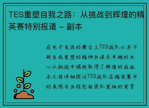TES重塑自我之路：从挑战到辉煌的精英赛特别报道 - 副本