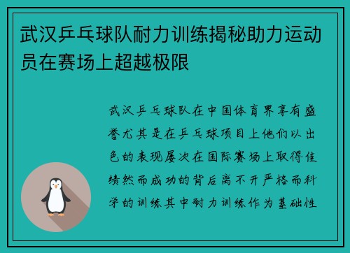 武汉乒乓球队耐力训练揭秘助力运动员在赛场上超越极限